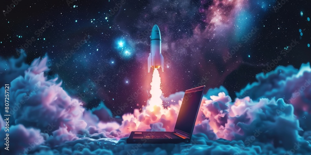 Space Exploration Concept, Rocket Launch from Laptop Screen, Creative Digital Art, Futuristic Technology, Starry Night Sky