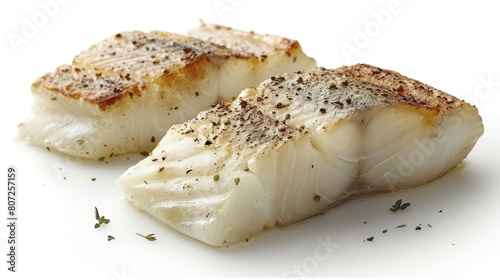 Image shows two pieces of flaky white fish seasoned with black pepper and salt. photo