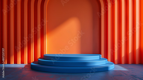 A bold cobalt blue oval podium against a tangerine background, perfectly suited for displaying automotive accessories or model cars photo