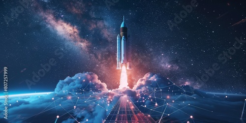 Realistic Rocket Launch Scene, Space Exploration from Desert Launchpad, Modern Aerospace Technology, Clear Blue Sky photo