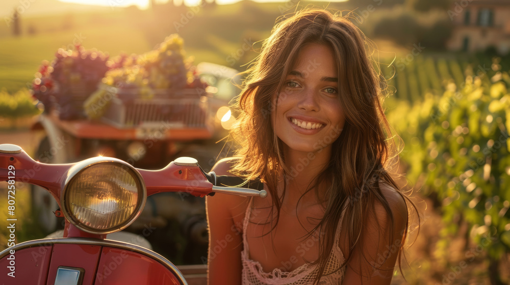 Fototapeta premium young beautiful girl on a vintage scooter, summer day in Toscana