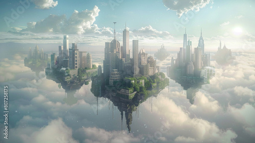 An impossible-to-reach skyline where clouds are upside-down and floating islands amidst structures that defy gravity photo