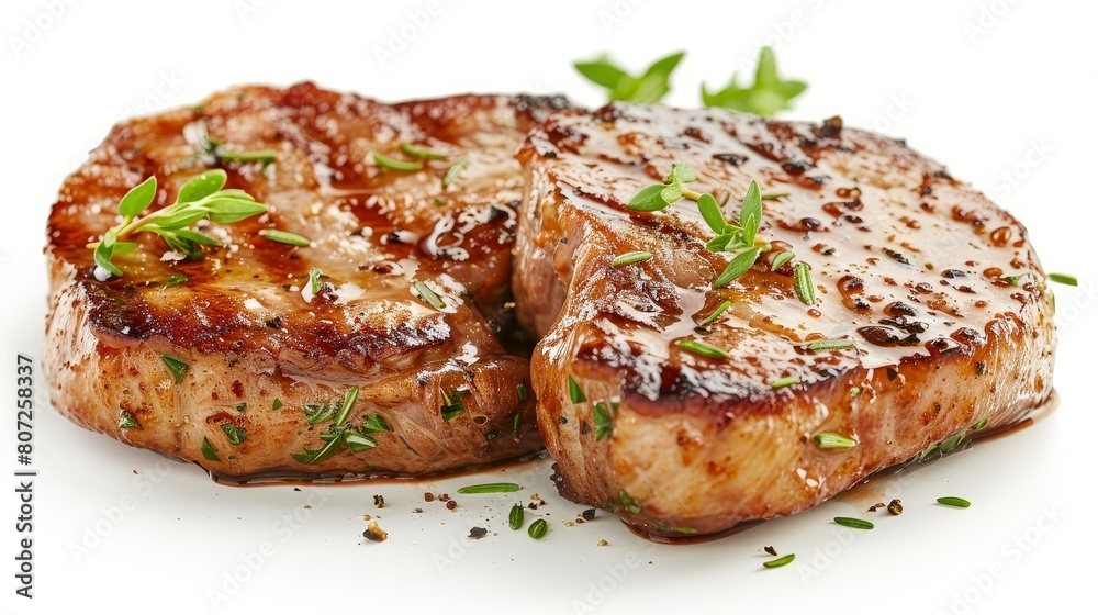 Two delicious grilled pork chops with herbs and spices on a white plate.