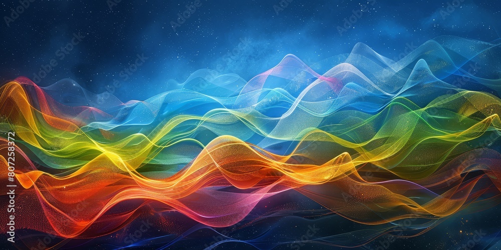 Obraz premium Vivid Dreams: Colorful Abstract Waves Floating on a Dark Blue Background - Modern Art, Vibrant Colors, Fluid Dynamics, Creative Digital Art