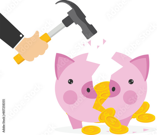 Inflation causing money value decreased or recession make stock market crash, pension fund losing value or business bankruptcy concept, Breaking the piggy bank.

