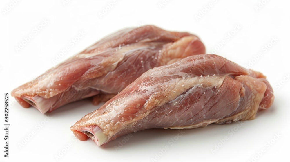 Two fresh raw turkey legs on a white background.