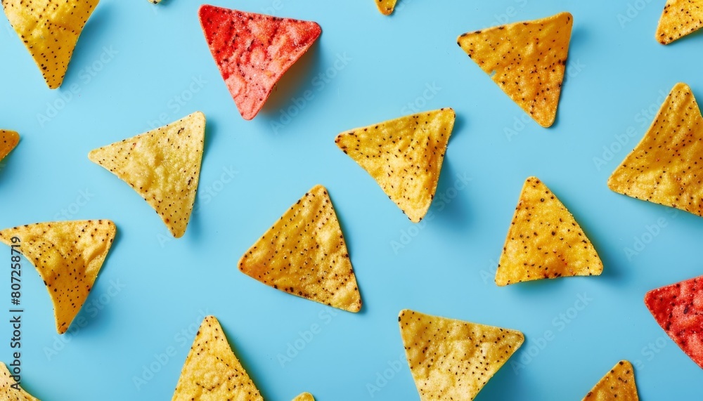 Trendy Mexican nachos with colorful pattern on blue background Closeup of tortilla chip stylish flat lay Snack wallpaper creative concept