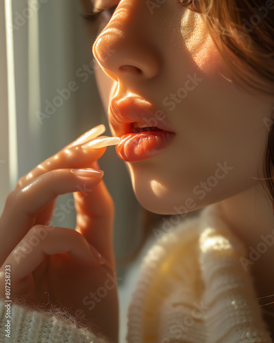 A closeup of a hand applying lip balm in a soft, nurturing setting illuminated by a warm, golden light photo