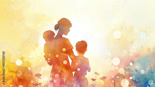 Tender Motherhood: Illustration of Mother and Children in Light Colors