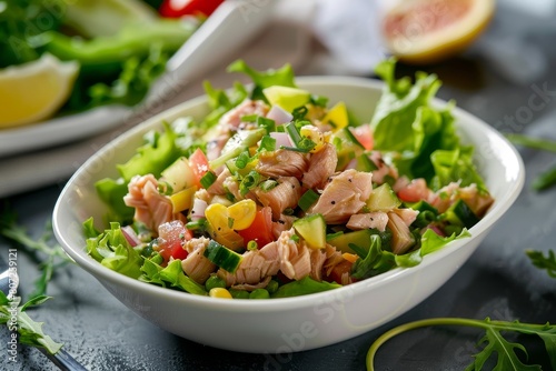 Tuna salad with corn on white plate