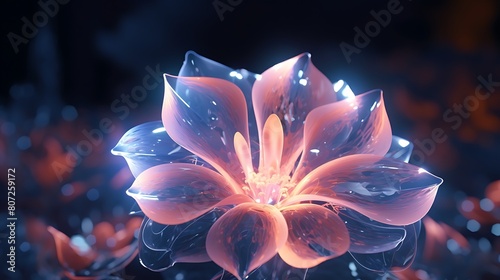 A hypnotic neon flower swaying gently in a simulated breeze, casting a pulsating, electric aura photo