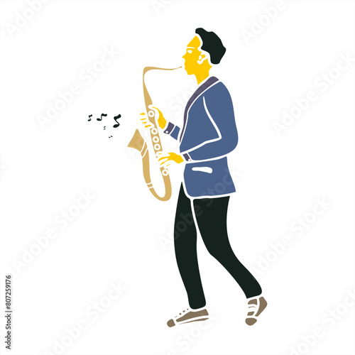 colorful illustration of a man playing the saxophone musical instrument