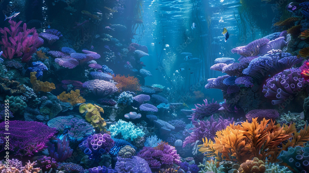 Fototapeta premium An undersea kingdom where the organisms who live there shape the shapes and forms of the coral reefs, which bloom in a riot of colour