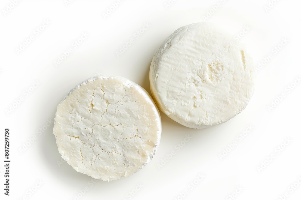 Two goat cheese rounds on white background Above view Two goat cheese rounds on white background Above view