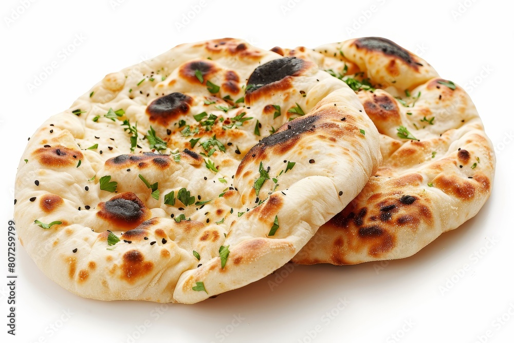 Two isolated naan breads on white background