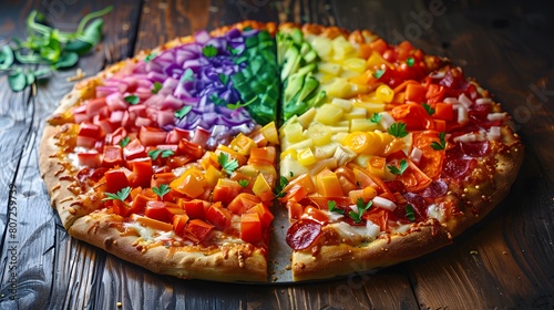 A detailed HD image of a DIY Pride pizza with toppings arranged to create a rainbow across the slices  ready to be served at a family-friendly Pride gathering.