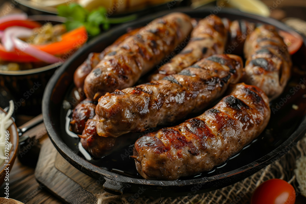 A plate of cooked sausages is on a wooden table