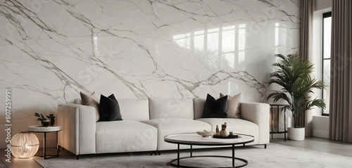Modern cozy living room and white marble and black pattern wall texture background interior design