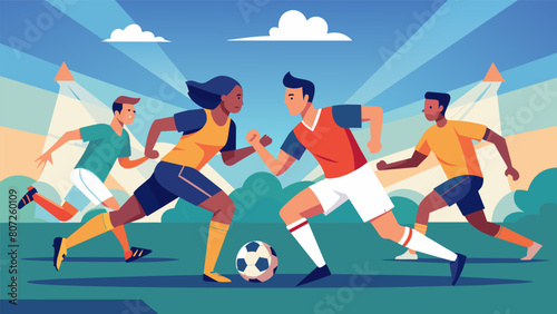 In a blur of speed and skill players from both teams tussle for the ball determined to come out on top.. Vector illustration