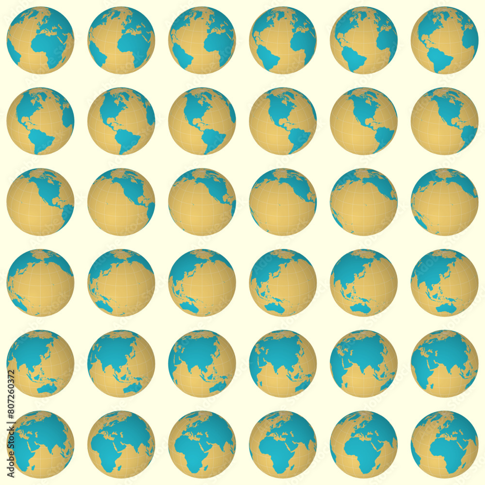 Collection of globes in a slanted sphere view, rotated in 10-degree steps. Solid color style with a world map featuring graticule lines on a light background. Comely vector illustration.