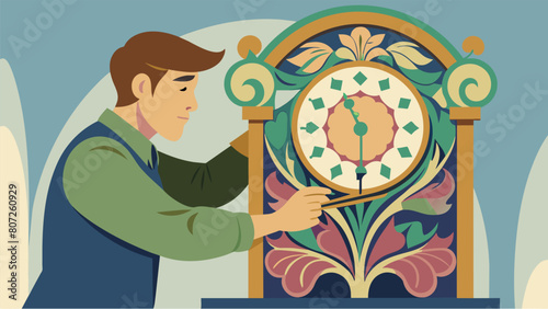 A treasure from the past a rare art nouveau clock with intricate enamel designs is carefully dismantled and repaired by a skilled craftsman.. Vector illustration