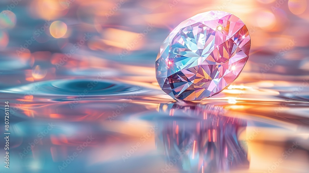   A pink diamond floats atop a water surface, casting a reflection beneath it