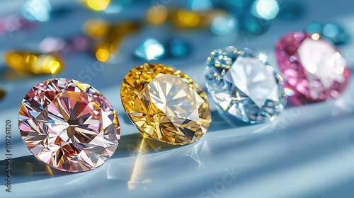   A line of various-colored diamonds rests beside each other on a white countertop  set against a blue backdrop