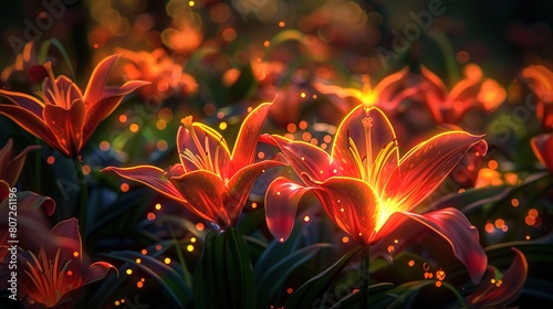 A dreamlike composition of glowing fire lilies, their radiant blooms creating an otherworldly scene in mesmerizing.