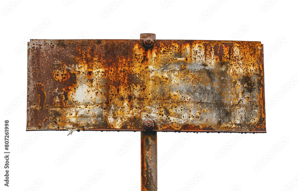 aged rusty metal sign on a weathered pole with visible corrosion and ...