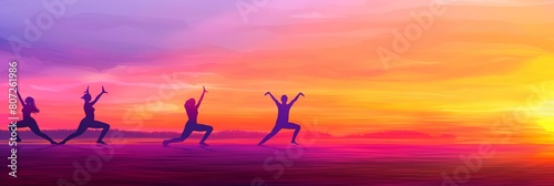 Vibrant illustration of people in various yoga poses against a purple and orange sunset sky