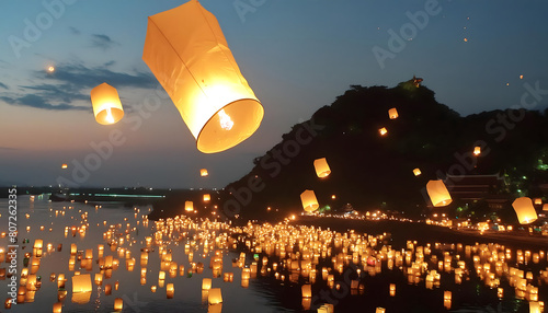 Aerial view of glowing lanterns flying over river at night. Lantern festival wallpaper. photo