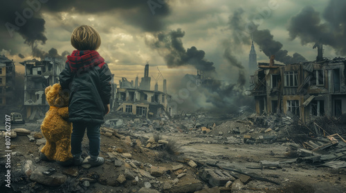 A child is holding a teddy bear in front of a destroyed city photo