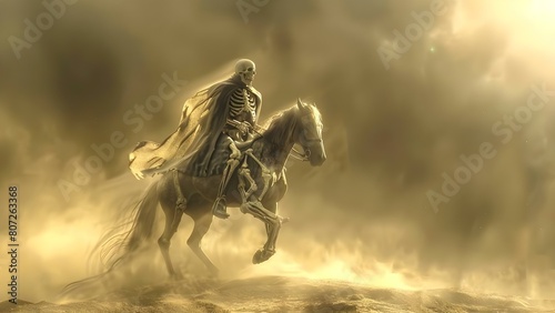 The title remains the same   A spectral rider on a skeletal horse gallops through a dusty landscape . Concept  The spectral rider on a skeletal horse gallops through a dusty landscape  