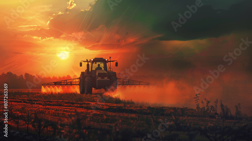 A tractor is driving through a field of tall grass