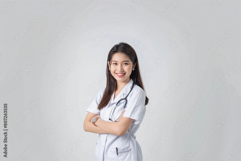Portrait of a smiling female doctor standing with arms crossed isolated on white background Portrait of a smiling female doctor standing with arms crossed isolated on white background