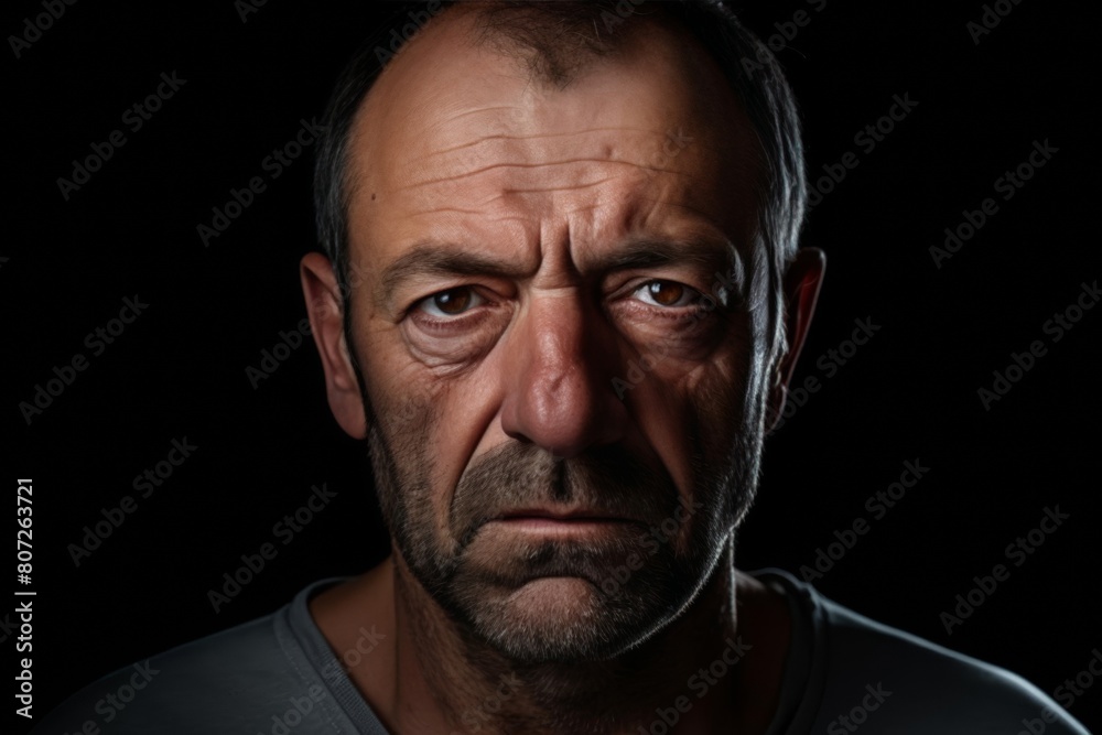 Despise. Angry and grumy Caucasian skinhead bearded man extremely sulking, furrow eyebrows and staring with anger and contempt, boiling from furious emotions, standing over black background Despise. Angry and grumy Caucasian skinhead bearded man extremely sulking, furrow eyebrows and staring with anger and contempt, boiling from furious emotions, standing over black background