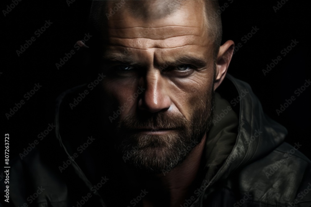 Despise. Angry and grumy Caucasian skinhead bearded man extremely sulking, furrow eyebrows and staring with anger and contempt, boiling from furious emotions, standing over black background