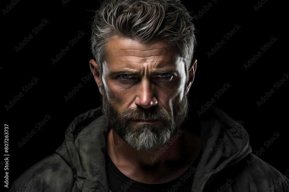 Fototapeta premium Despise. Angry and grumy Caucasian gray-haired bearded man extremely sulking, furrow eyebrows and staring with anger and contempt, boiling from furious emotions, standing over black background