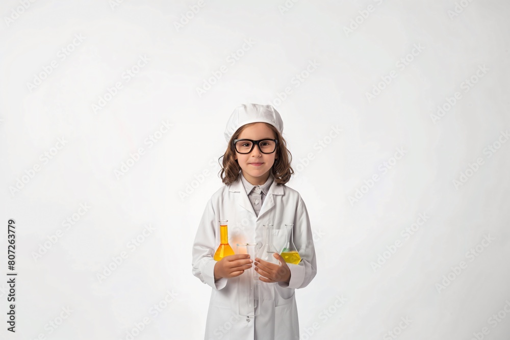 Cute little girl in lab coat and glasses holding test tube with yellow liquid Cute little girl in lab coat and glasses holding test tube with yellow liquid