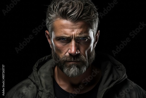 Despise. Angry and grumy Caucasian gray-haired bearded man extremely sulking, furrow eyebrows and staring with anger and contempt, boiling from furious emotions, standing over black background