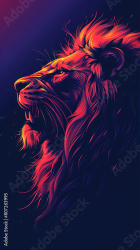 A lion with a red mane and a blue background