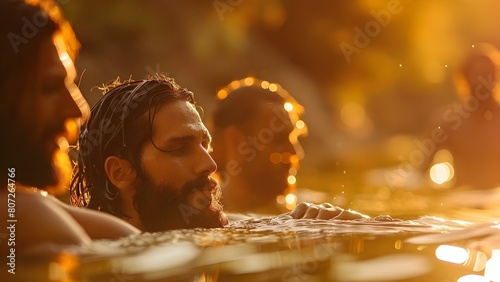John baptizes Jesus in Jordan River symbolizing spiritual cleansing and divine approval. Concept Symbolism, religious rituals, spiritual cleansing, divine approval, baptism ceremony photo