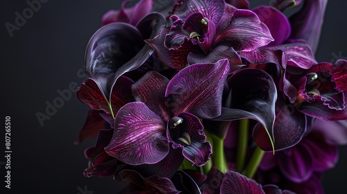 a luxurious bouquet of deep purple orchids  accented with velvety black calla lilies  creating a regal and mysterious ambiance that exudes sophistication. 