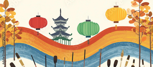 vibrant artistic rendition of a traditional asian waterfront With Lanterns and Pagoda
