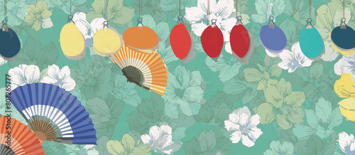 Colorful Japanese Fans and Festive Lanterns on a Floral Background