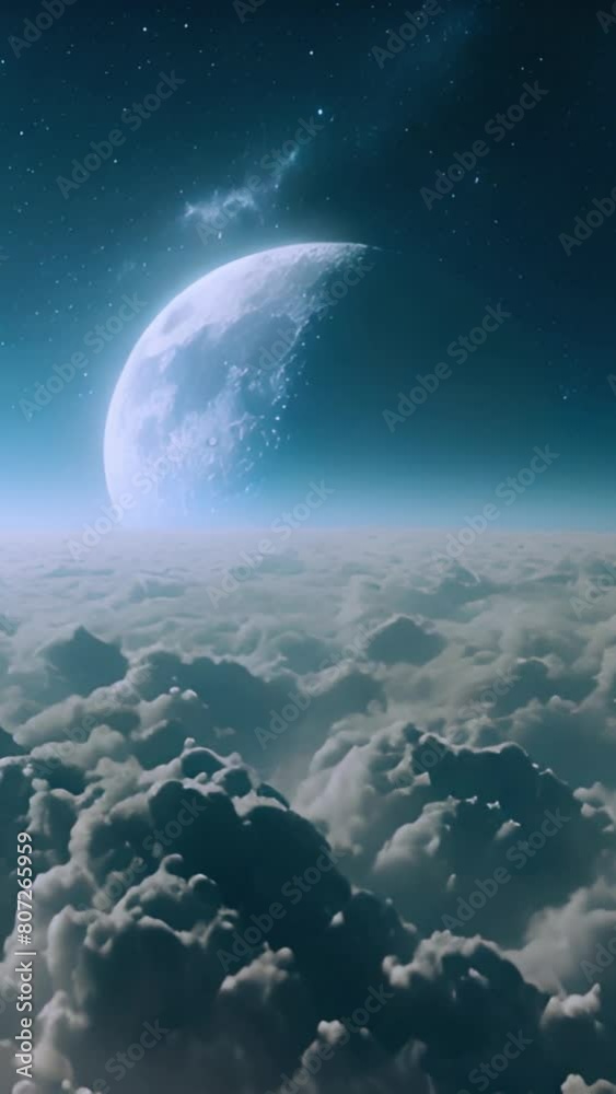 Flying Over the Infinite Clouds with the Night Moon Shining Seamless. Looped 3d Animation with Moonlight Over the Horizon. 4k Ultra Beautiful Moon in the Skies. Beauty Flying Over the Infinite Clouds with the Night Moon Shining Seamless. Looped 3d Animation with Moonlight Over the Horizon. 4k Ultra Beautiful Moon in the Skies. Beauty