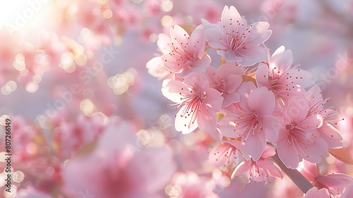 a mesmerizing display of cherry blossoms, drenched in soft pinks and whites, creating a serene and ethereal ambiance that captures the essence of spring in full bloom.