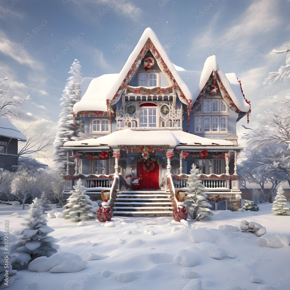 Snowy house in the village. Winter landscape. Christmas and New Year.