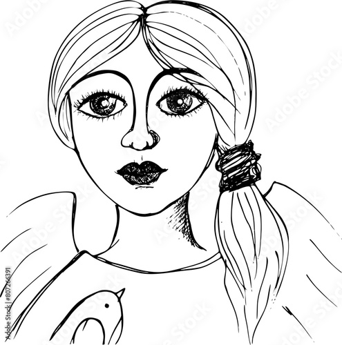 Vector art drawing, portrait of gorgeous dreamy girl isolated on white. Facial expressions, people positive emotions, tender lady