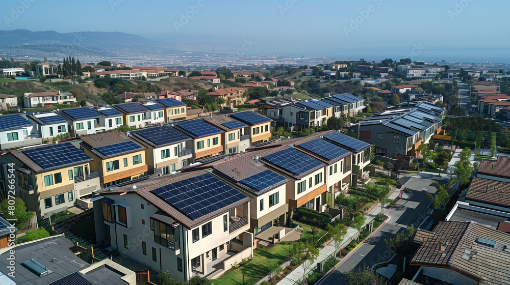 Fototapeta premium Aerial view of city with solar panels on rooftops of buildings. City skyline. Concept of sustainability and ecology.